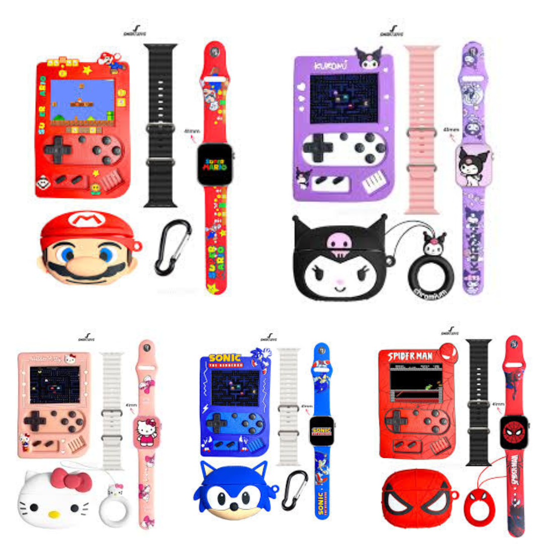 🩷 KIT DE REGALO 4 EN 1 para niños smartwatch+gamebox+audifonos!